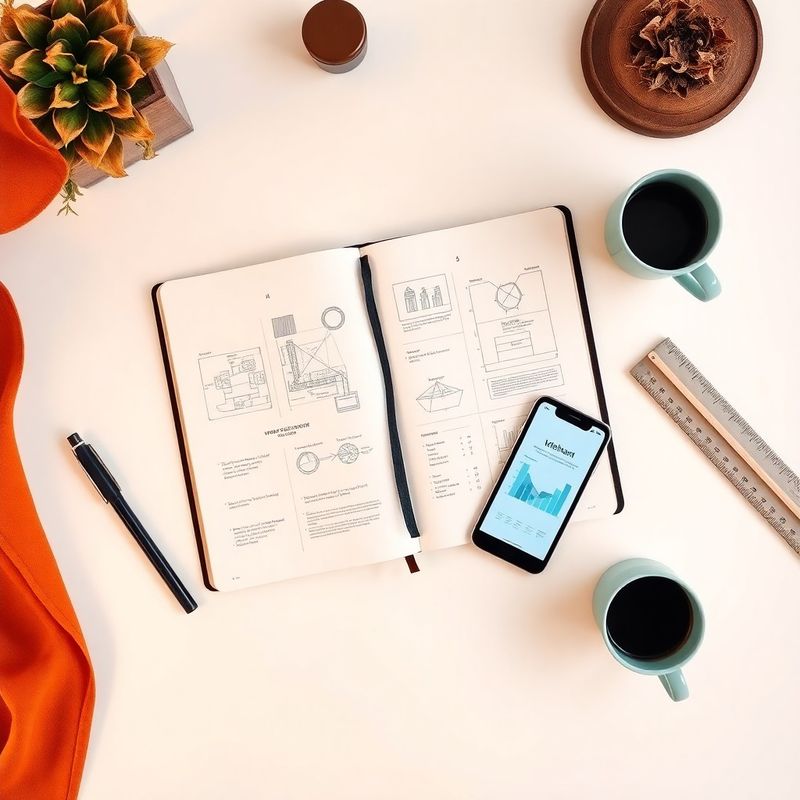 Flat-lay editorial al unui birou strategic cu diagrame și accente azure